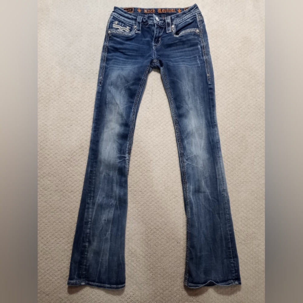 Rock Revival Manisa Bootcut Medium Wash Distressed Blue Jeans Womens Sz 26×32.5